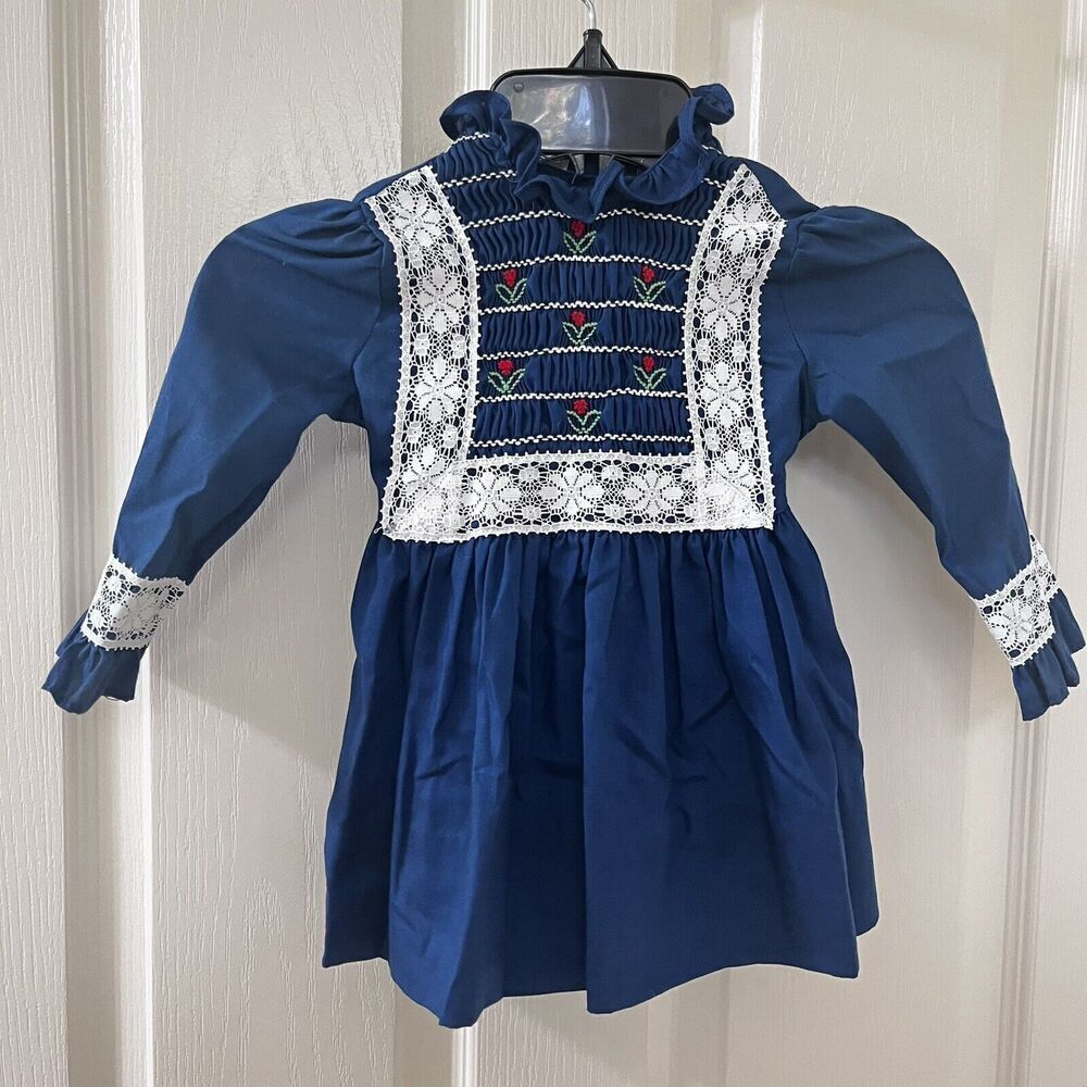 Vintage Polly Flinders Blue Lace Tulip Smocked Dress Long Sleeve Girls Size 3T